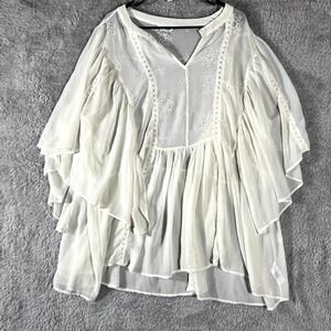 Simply Be Blouse Top Womens 24 White Floral Lace Detail Ruffle Bell Sleeve